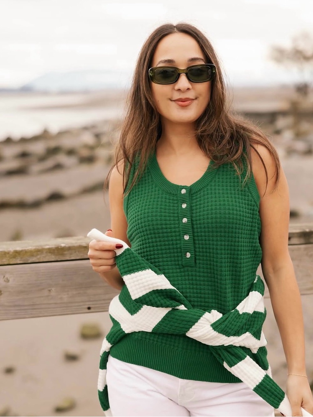 Smash + Tess Green Waffle-Knit Henley Sweater Tank XL-2XL